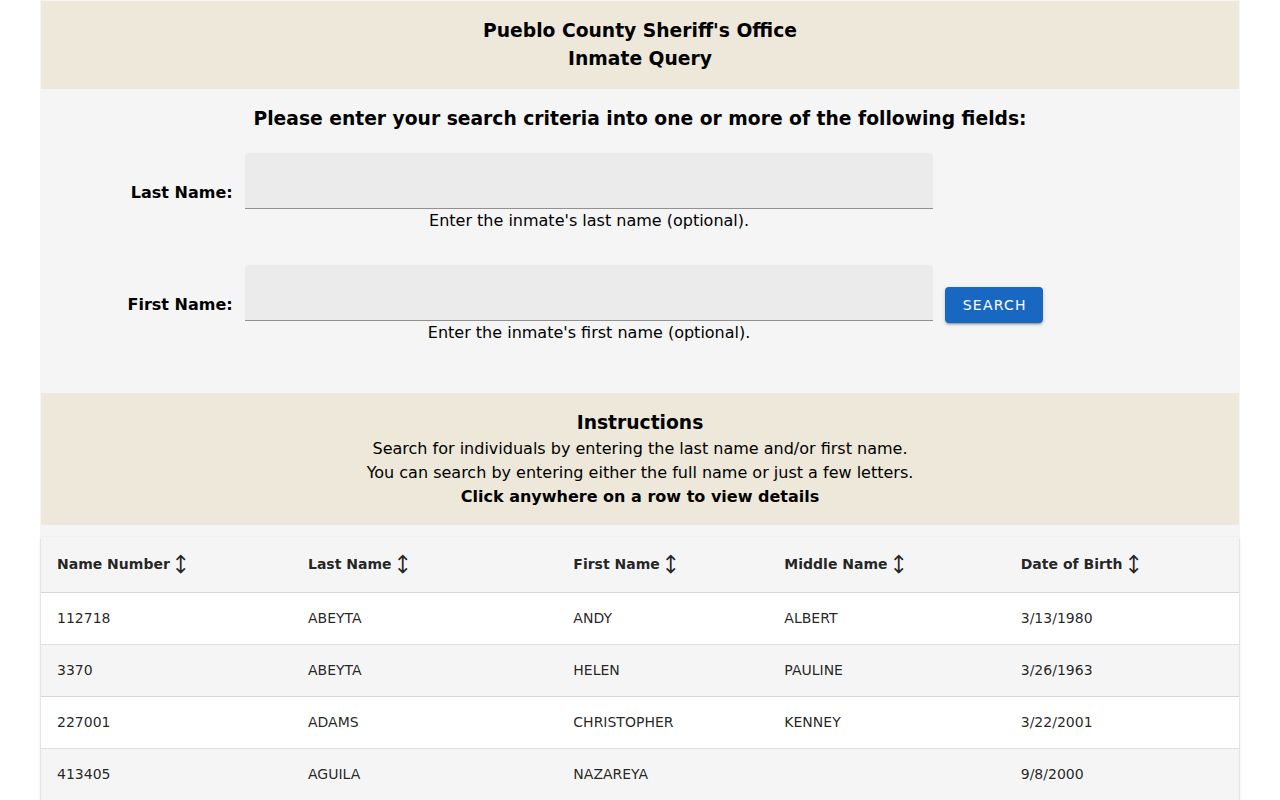 Pueblo County PCNet current inmate search fields
