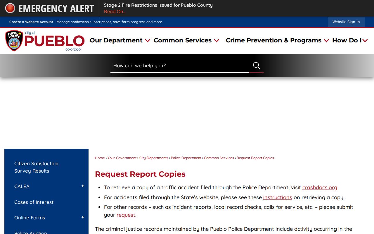 City of Pueblo Police report copy request page