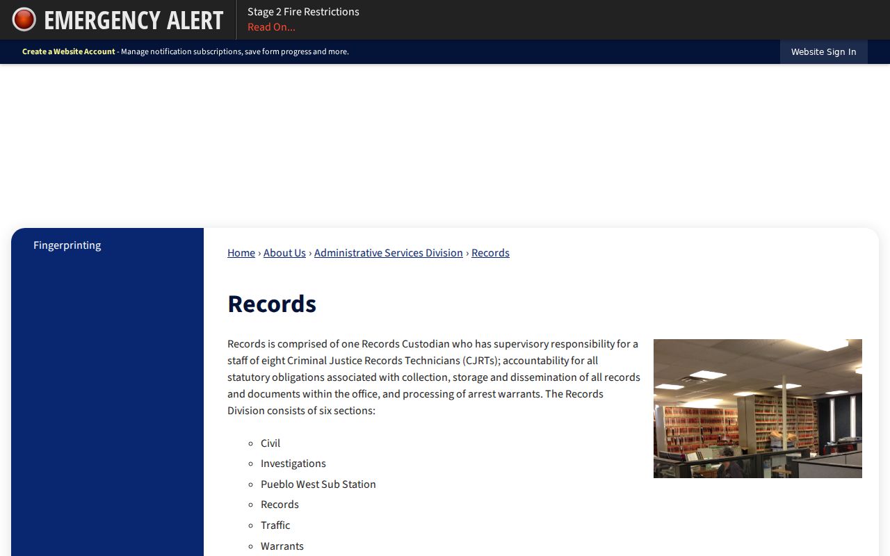 Pueblo County Sheriff Records Division page