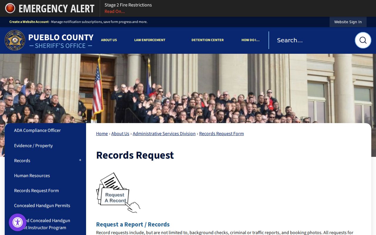 Pueblo County Sheriff records request form page