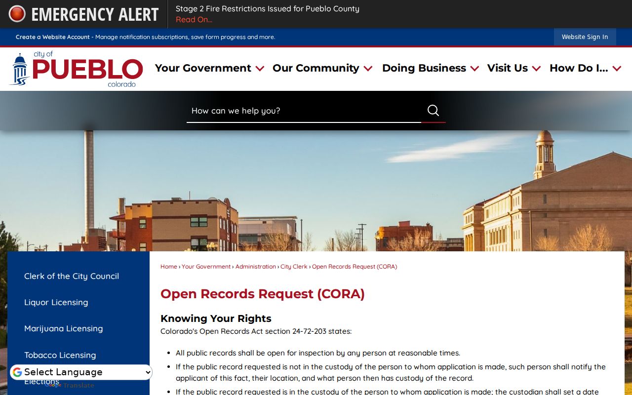 Pueblo criminal history city open records request