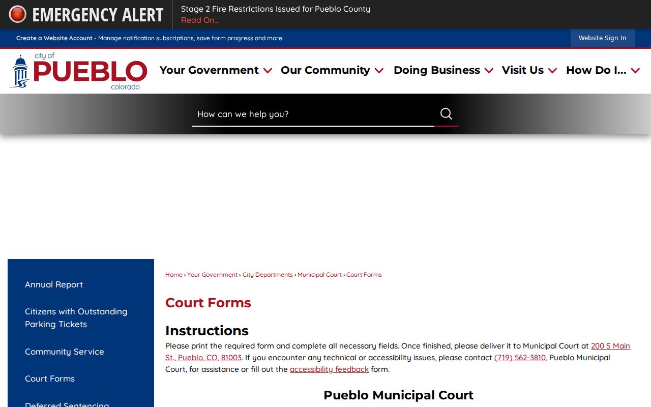 Pueblo criminal history Municipal Court forms