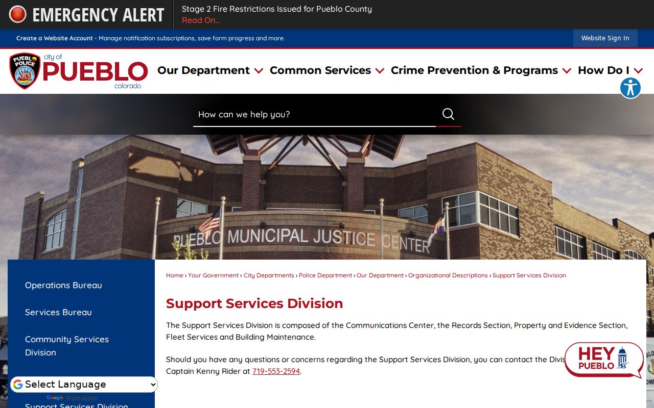 Pueblo criminal history Police Support Services records