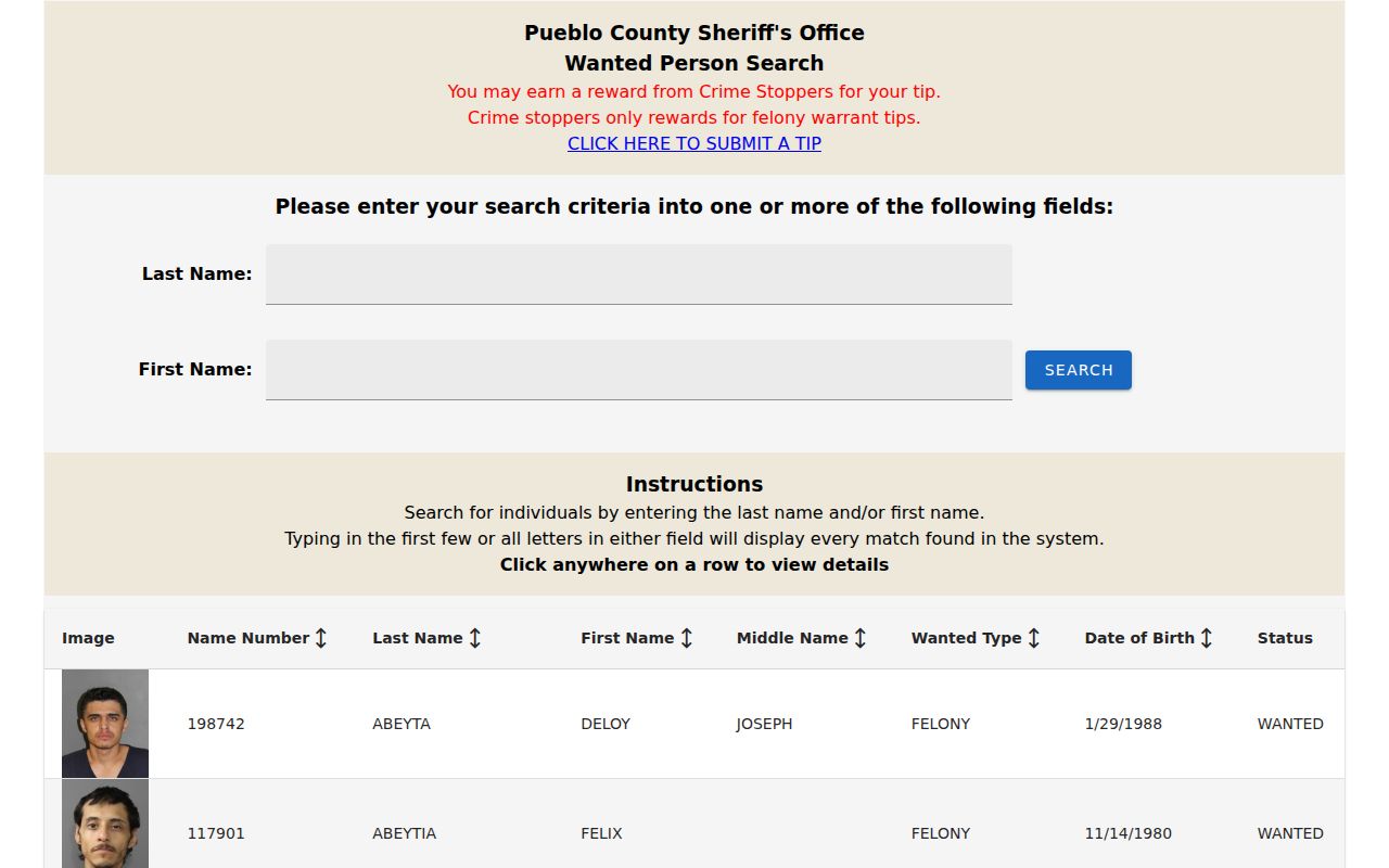 Pueblo County criminal records wanted person portal