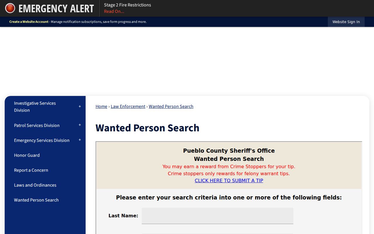 Pueblo County criminal history wanted person search