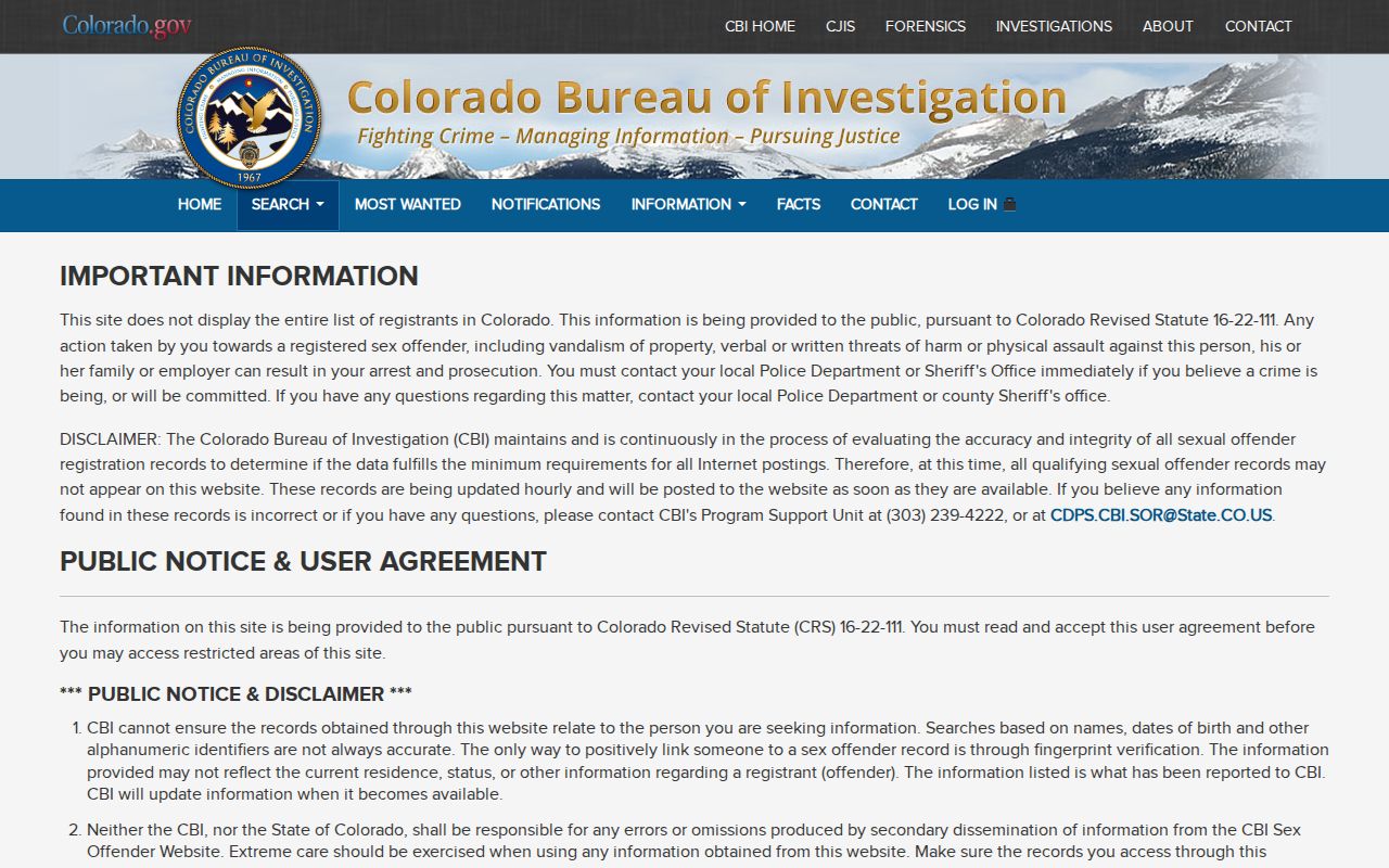 Pueblo County sex offender check Colorado registry agreement