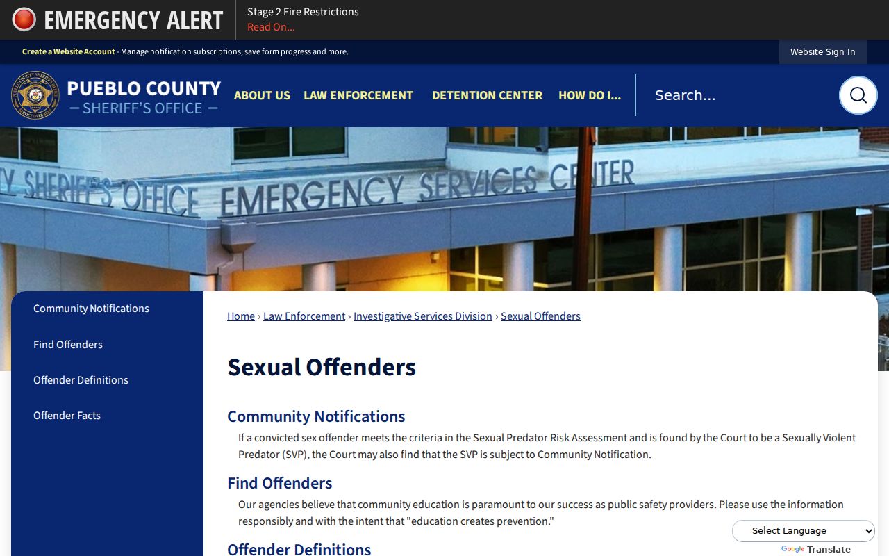 Pueblo County sex offender check sheriff information page